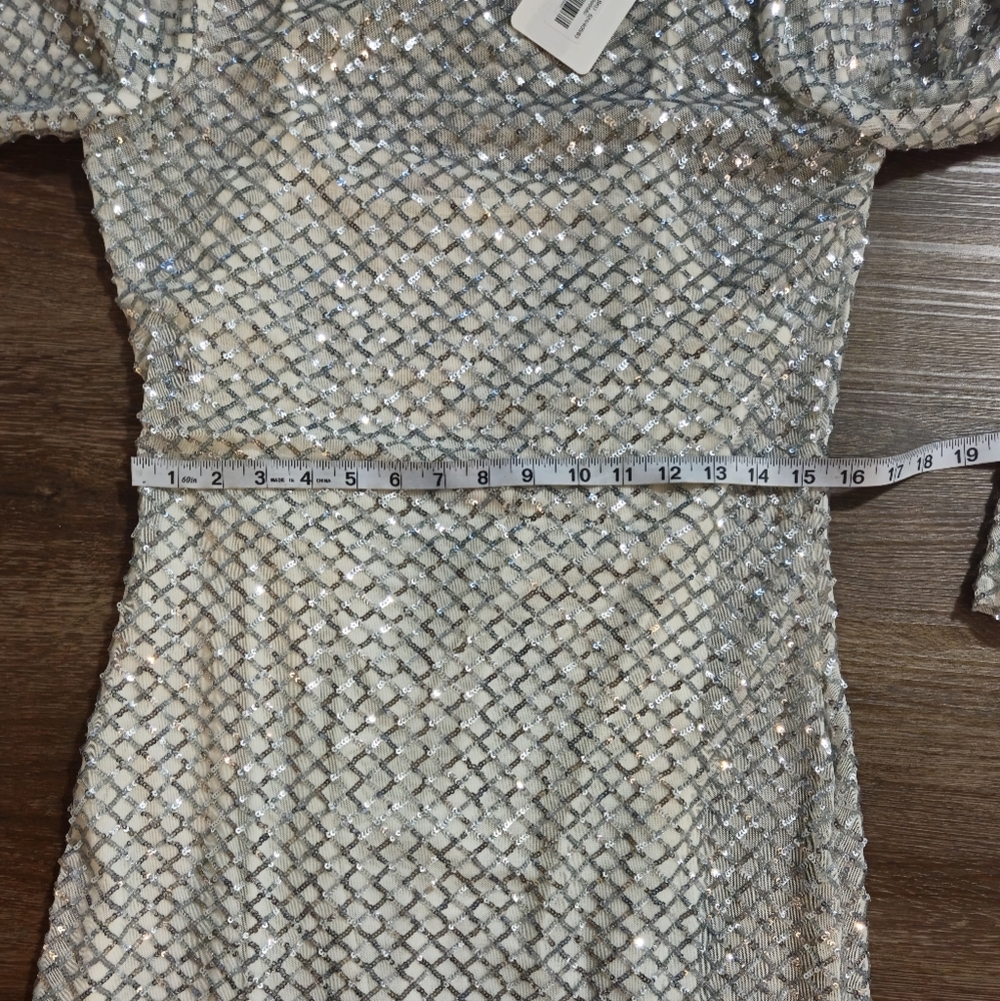 Gianni Bini Silver Sequin Mesh Lattice Long Sleeve Midi Dress Size L NWT - Picture 8 of 12